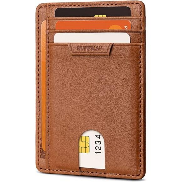 Slim Wallet for Men or Women Minimalist Small Leather Wallet - Brown - Picture 1 of 7